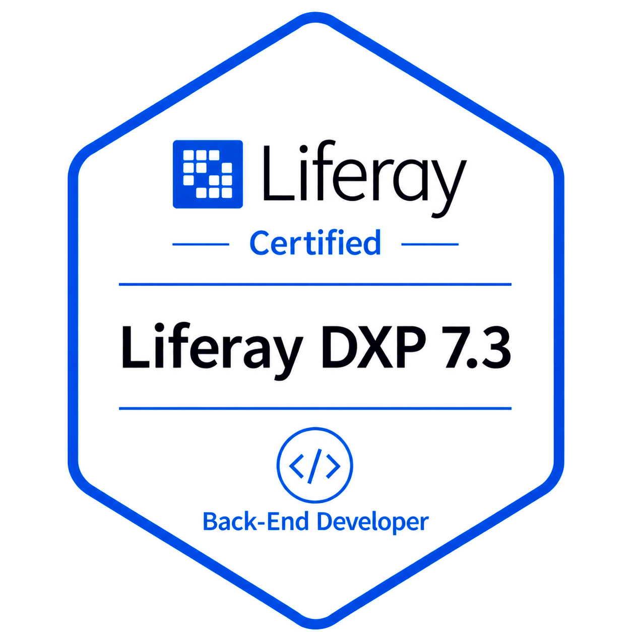 Liferay DXP 7.3 Certified Professional Back-End Developer badge